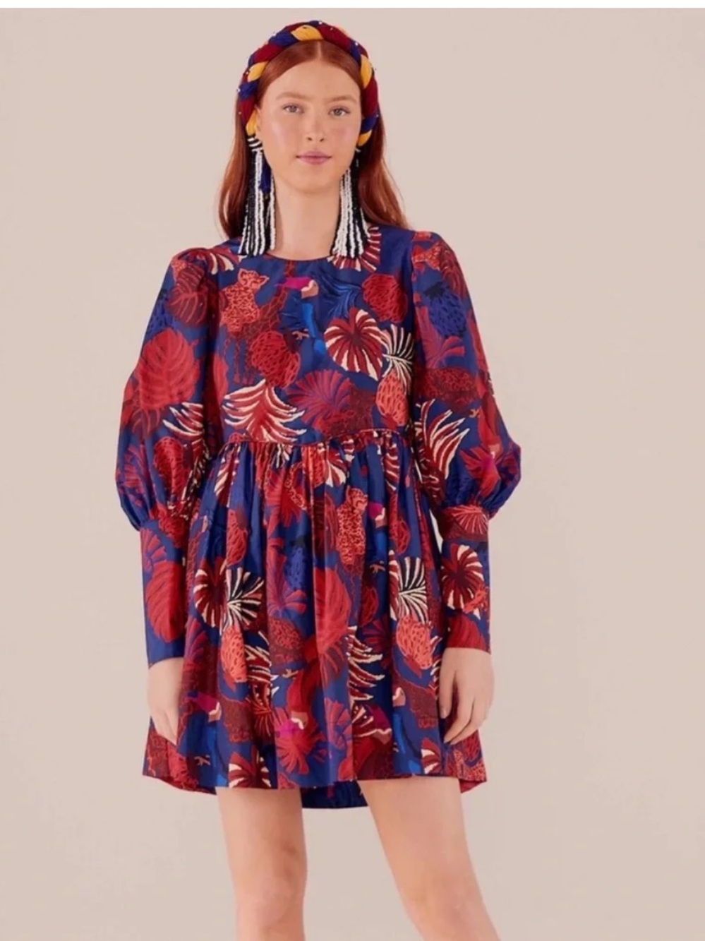 FARM Rio Blue & Red Floral Puff-Sleeve Mini Dress